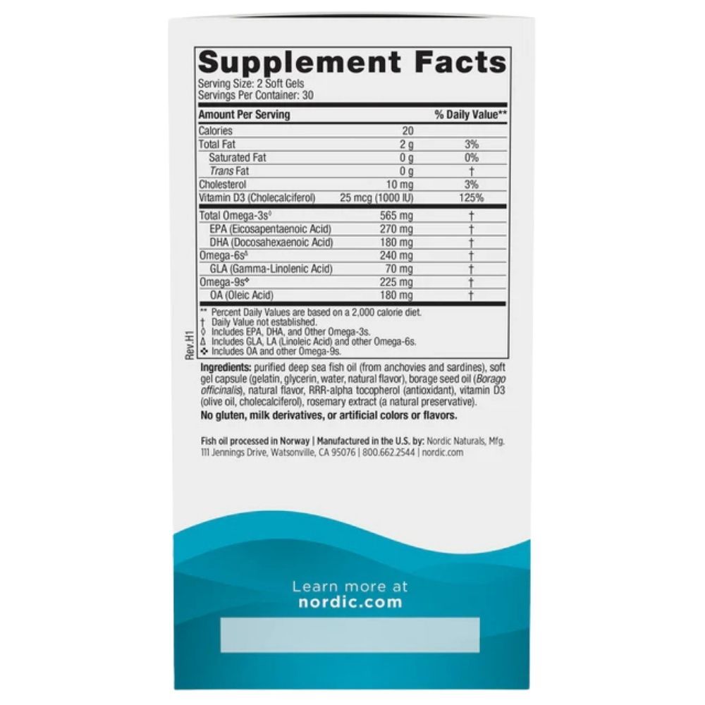 Achterkant van de Nordic Naturals Complete Omega-D3 verpakking met voedingsfeiten en ingrediënten.