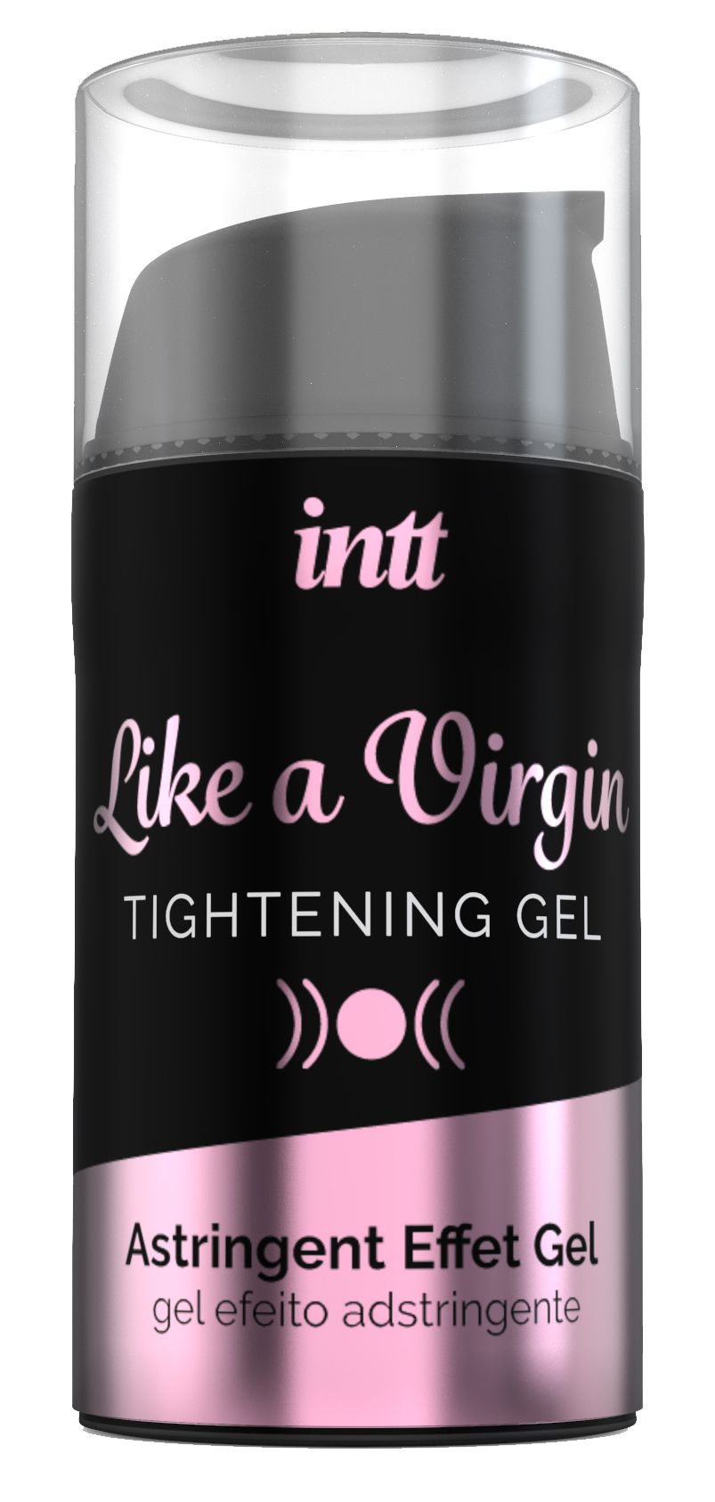 Flacon noir avec détails roses. Inscription: INTT, Like a Virgin Tightening Gel. Astringent Effect Gel.