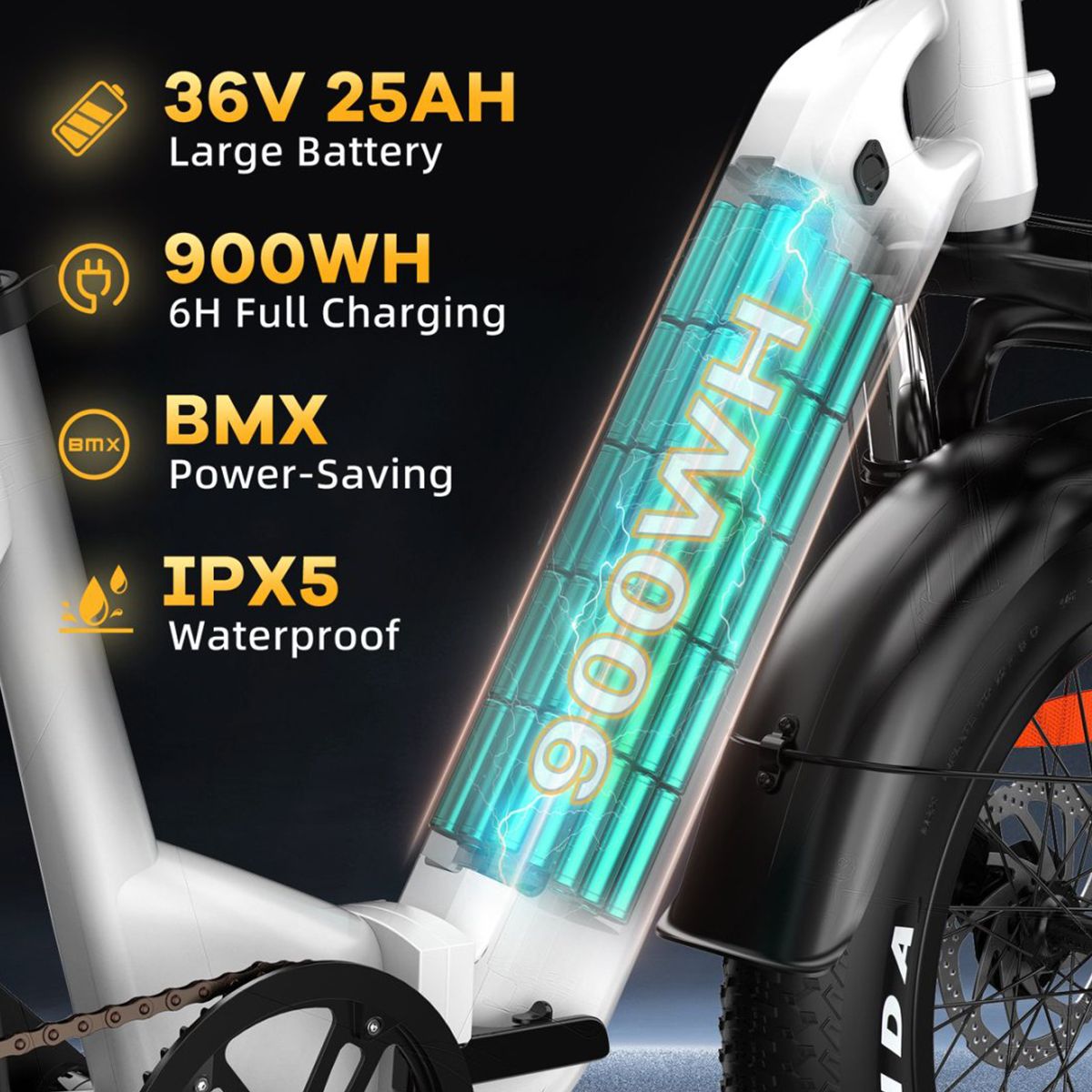Batterie de vélo électrique avec informations: 36V 25AH, 900WH, 6H de charge, BMX Power-Saving, IPX5 étanche. Représentation bleue.