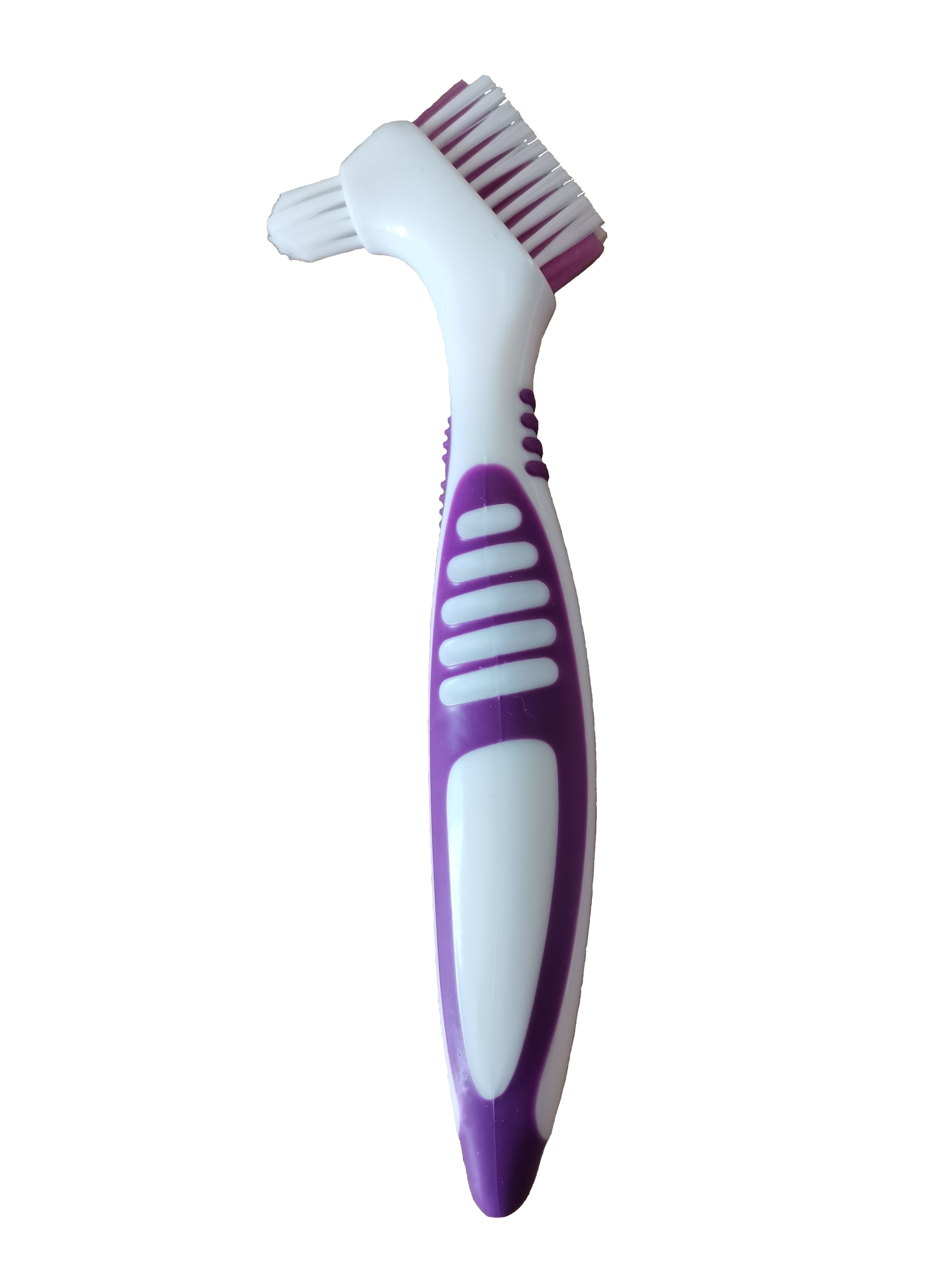 Brosse à prothèse dentaire, manche et poils violets. Tête de brosse en deux parties. Plastique blanc.