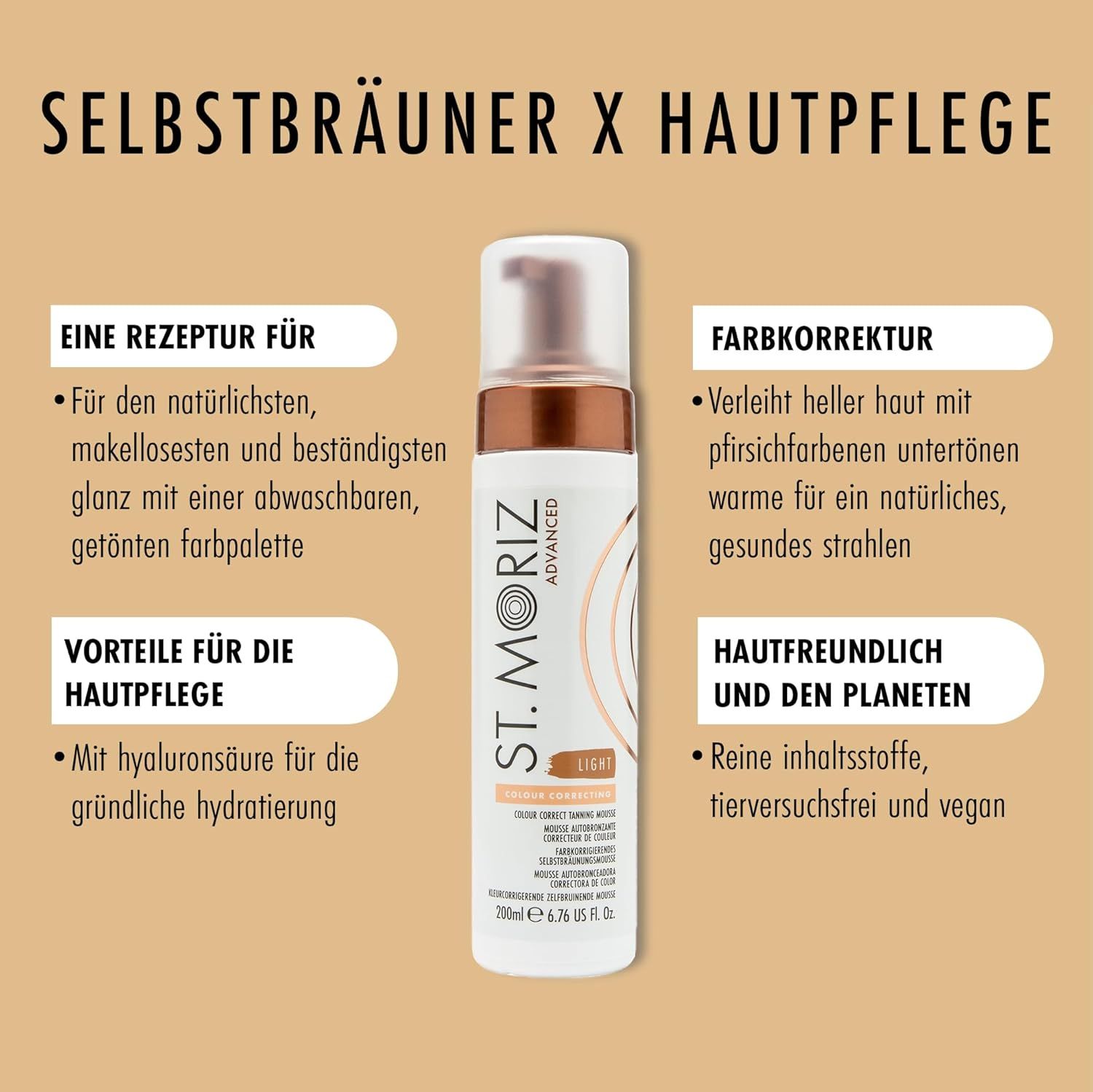 Mousse autobronzant ST. MORIZ Advanced. Flacon blanc, bouchon marron. Texte: Light, correction couleur, 200ml.