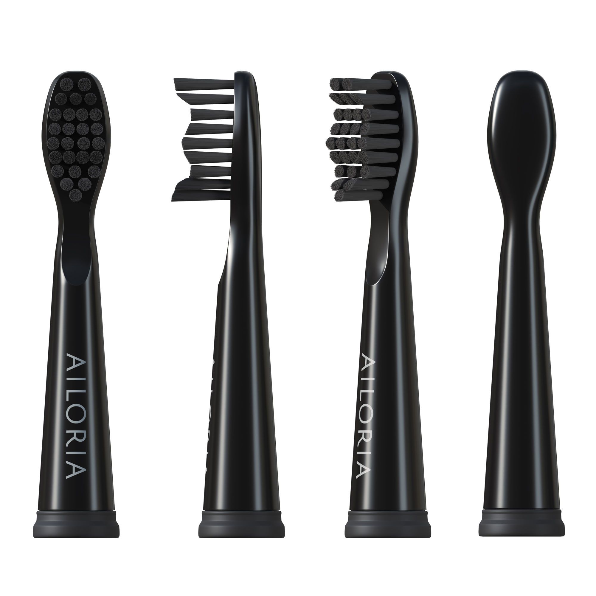Quatre têtes de brosse noires de remplacement. Différentes vues : poils, côté, poils et dos. Logo AILORIA.