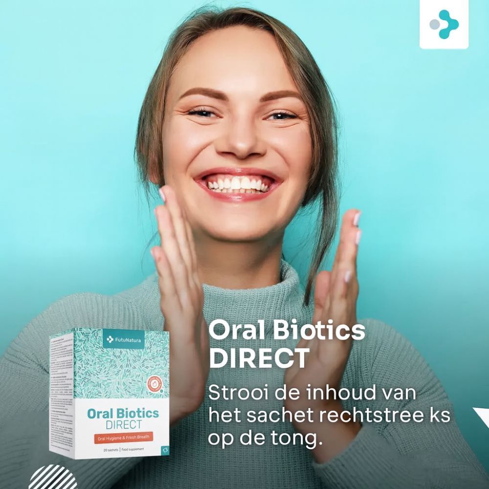 Lachende vrouw. Productverpakking en tekst: Oral Biotics DIRECT. Tekst: Giet de inhoud direct op de tong.