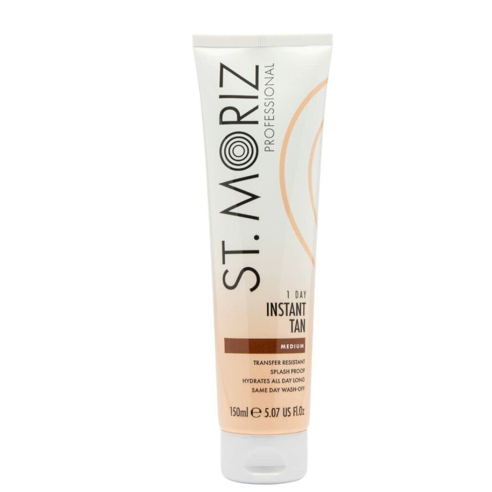 Tube de St. Moriz Professional 1 Day Instant Tan Medium. Dégradé blanc-brun, nom et détails du produit.