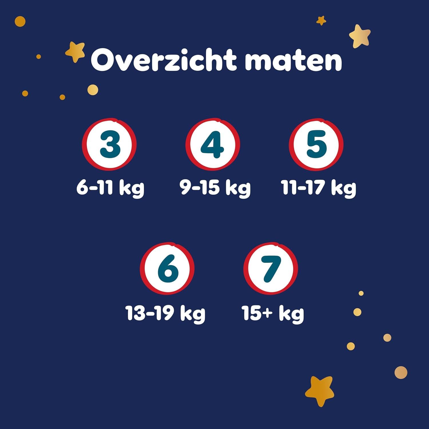Overzicht maten Pampers: 3, 4, 5, 6, 7.