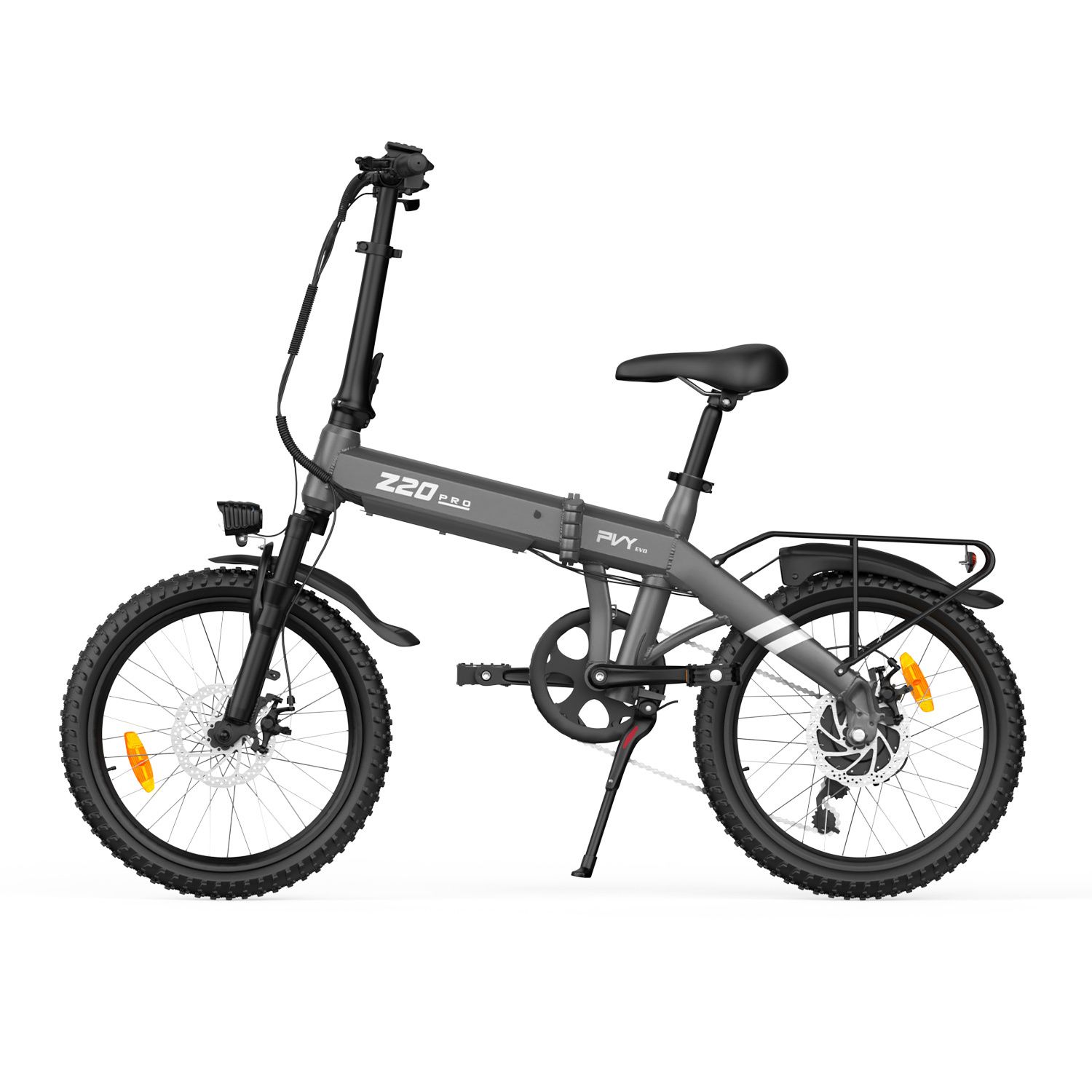 Grijze opvouwbare e-bike met zwart zadel, stuur en banden. Achterdrager. PVY-logo.