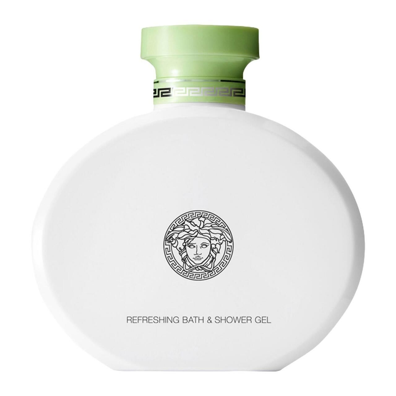 Witte, ovale fles met groene dop. Tekst "Refreshing Bath & Shower Gel" onderaan. Versace-logo in het midden.