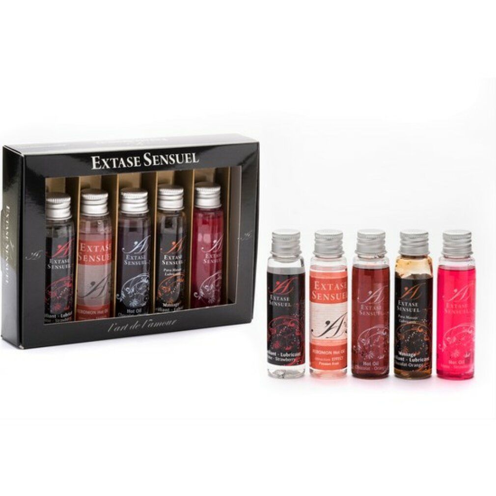 Six petites bouteilles de lubrifiant de différentes couleurs et senteurs, présentées dans un coffret cadeau.