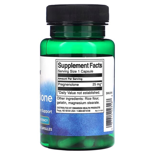 Flacon vert avec bouchon noir. Dos avec étiquette: Supplement Facts, Pregnenolone 25 mg.
