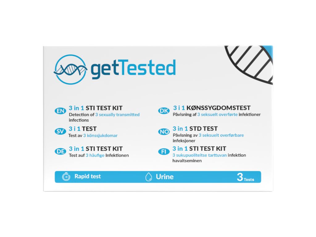 Verpakking van de GetTested 3 in 1 SOA-testkit. Bevat tekst in meerdere talen, waaronder Nederlands. Toont ook 'Rapid test', 'Urine' en '3 Tests'.