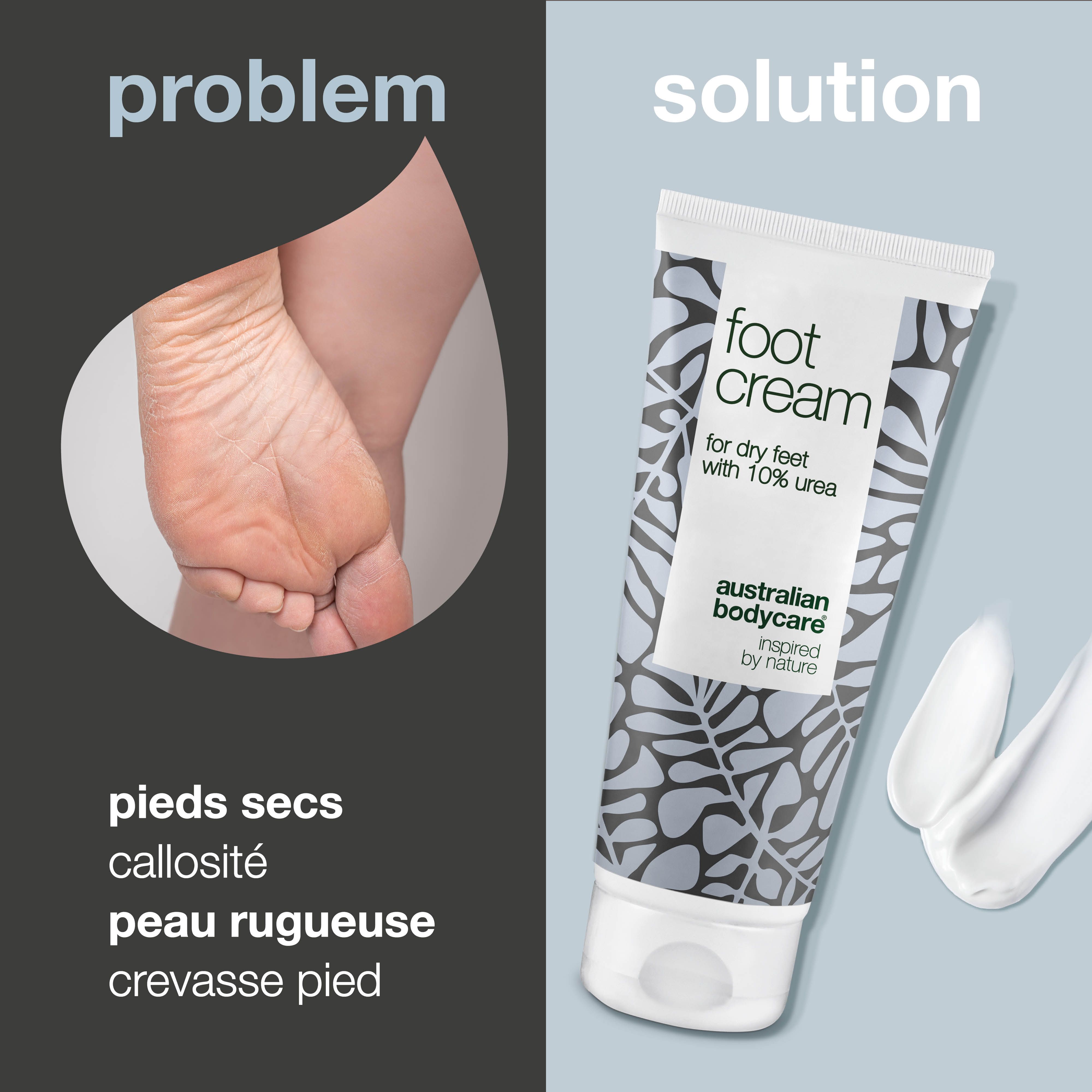 Comparaison : pied sec et tube de crème pour les pieds. Texte : "Problème", "Solution", "foot cream", "australian bodycare".