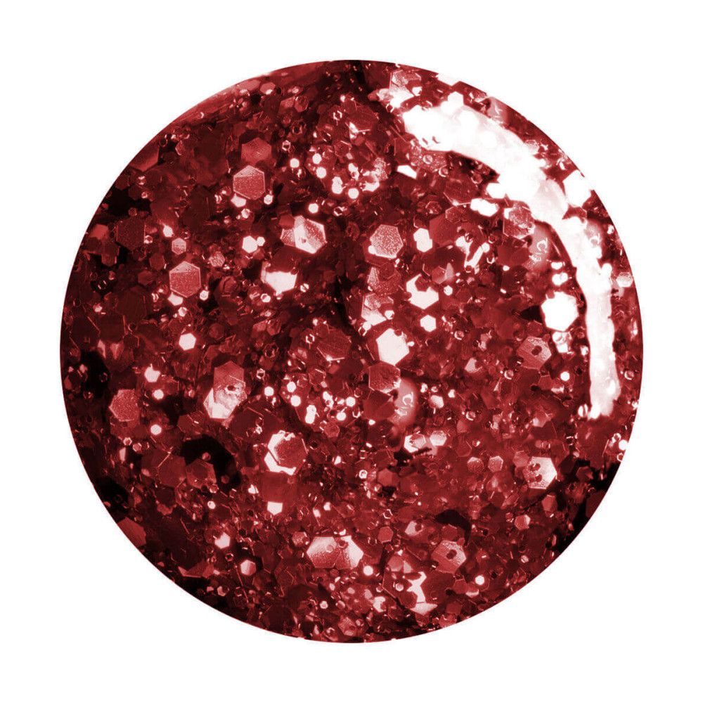 Échantillon rond de vernis à ongles rouge pailleté. Surface brillante.