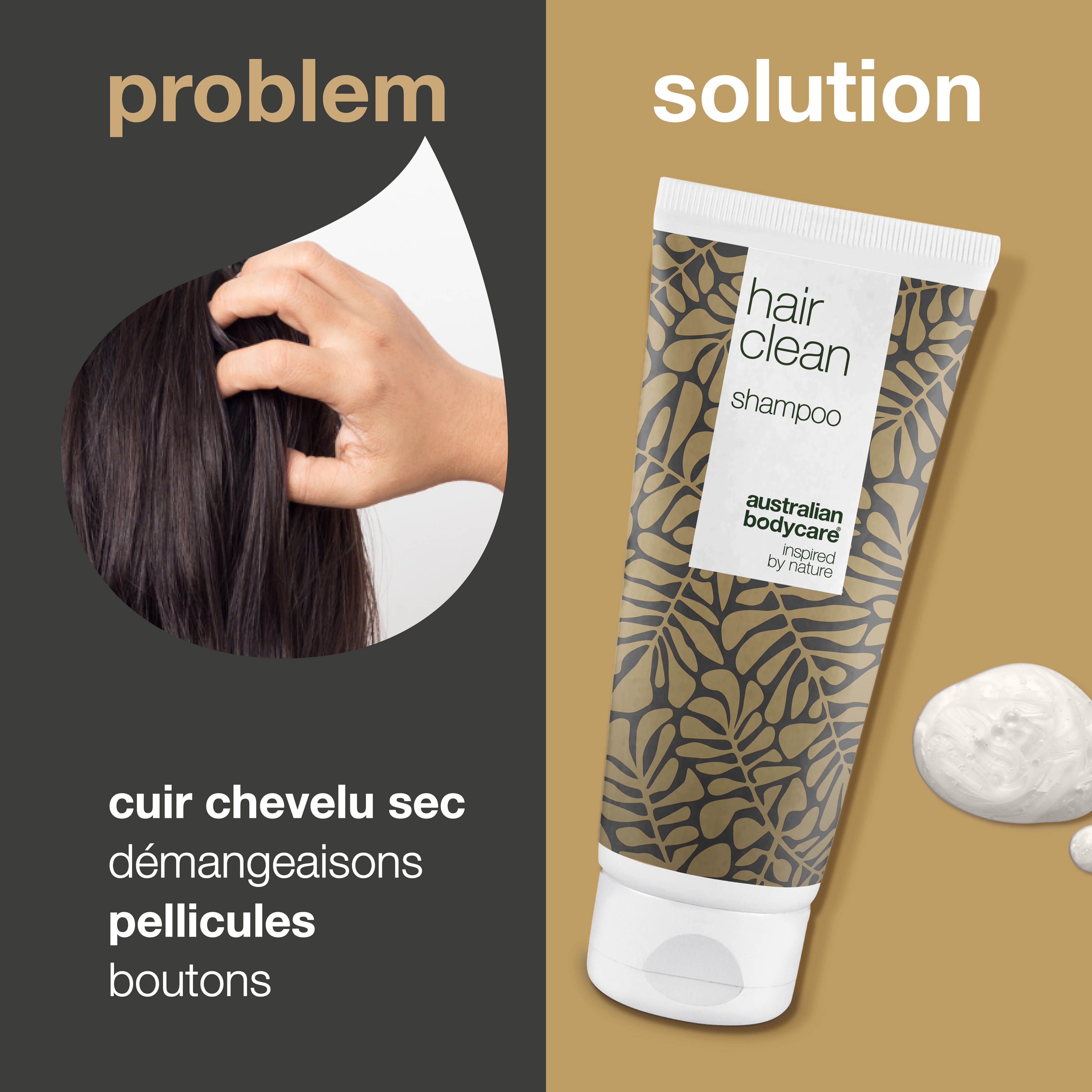 Comparaison cheveux à problèmes et solution. Tube "hair clean shampoo".