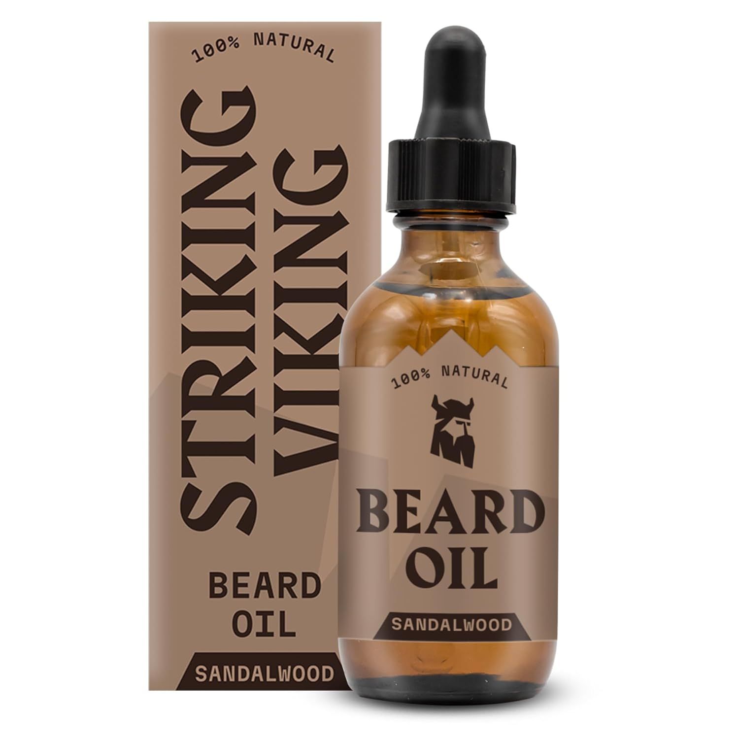 Flacon d'huile à barbe marron avec pipette et carton. Inscription : Striking Viking, Beard Oil, Sandalwood, 100% Natural.