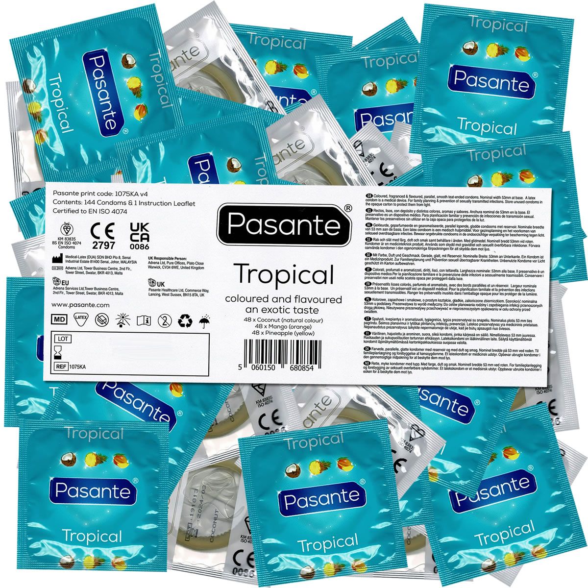 Plusieurs emballages individuels de préservatifs et un emballage de produit "Pasante Tropical". Marquage CE et autres informations.