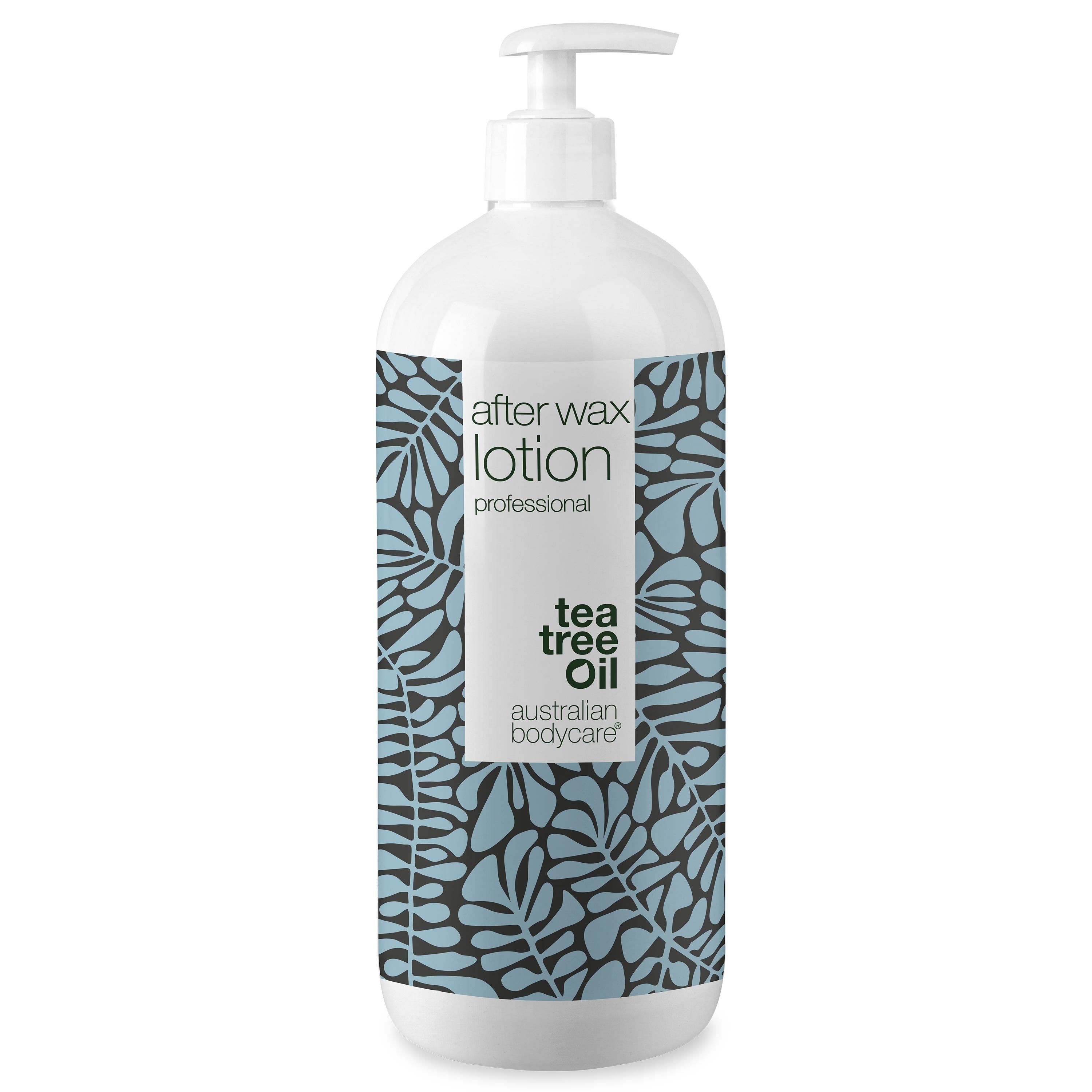 Witte fles met pomp. Opschrift: After Wax Lotion, Tea Tree Oil, australian bodycare.