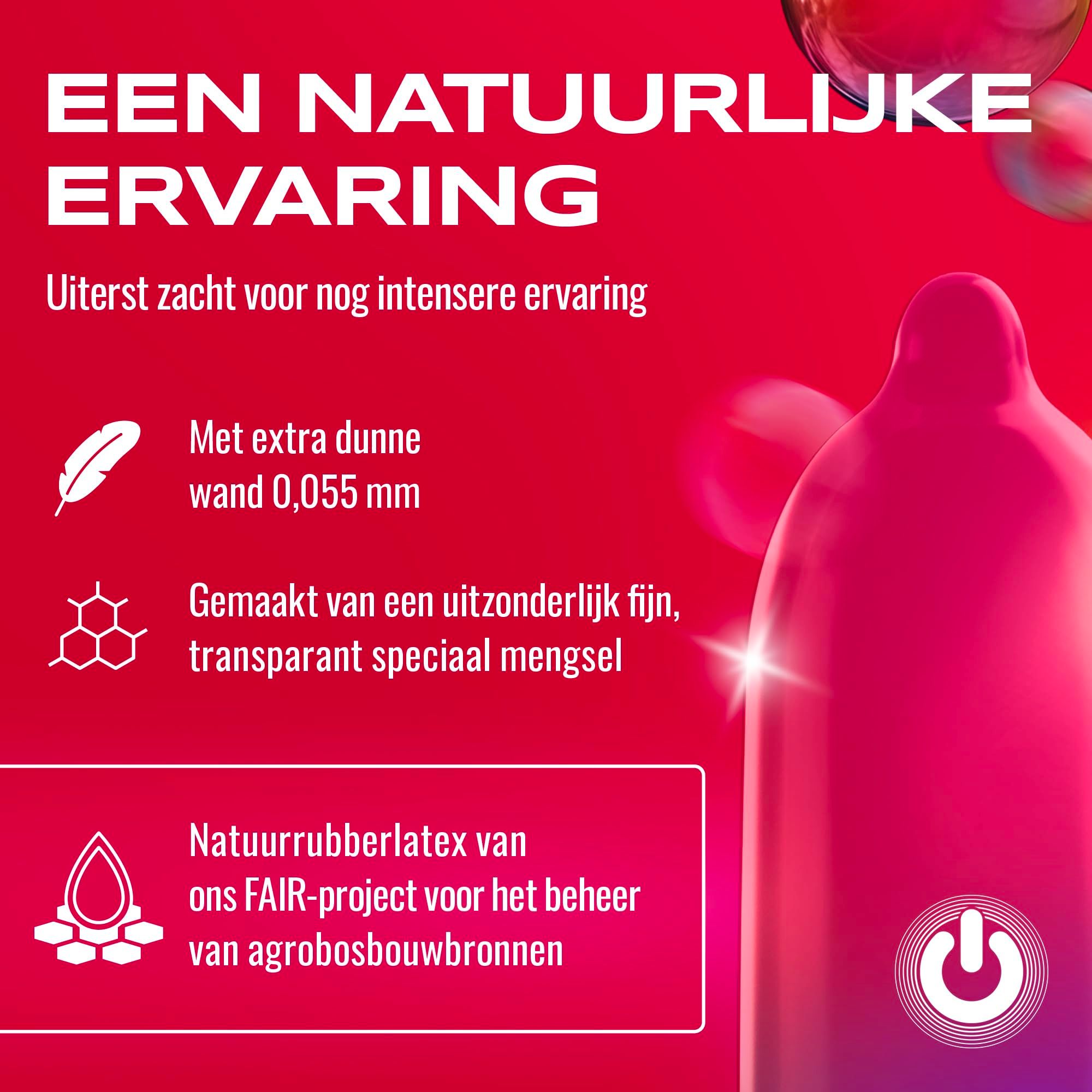 Een transparant condoom, 185 mm lang, 54 mm breed, 0,055 mm dik, voor intenser gevoel.