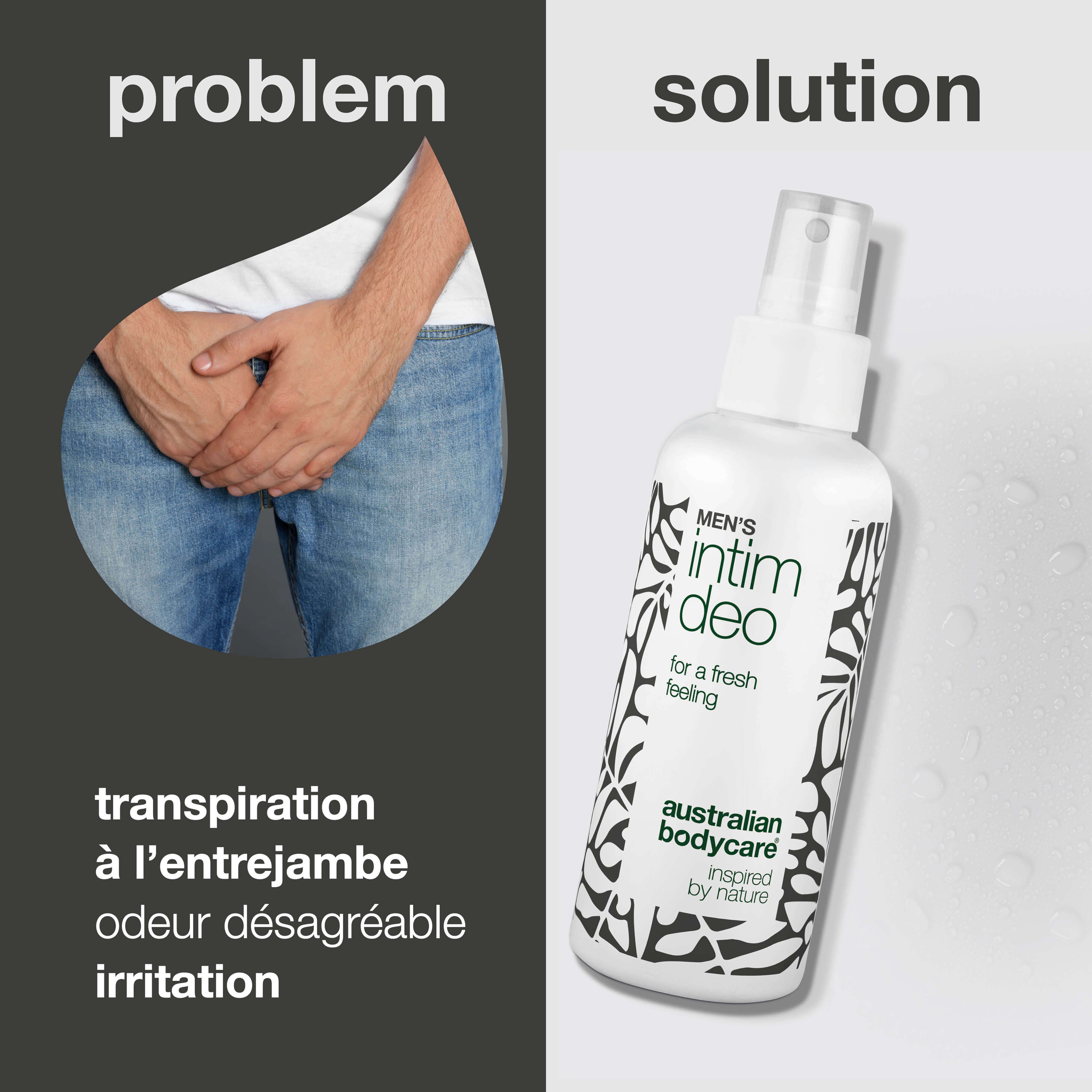 Image : Problème et solution. Homme en jean. À côté : Spray déodorant intime. Texte : Transpiration, odeur, irritation.