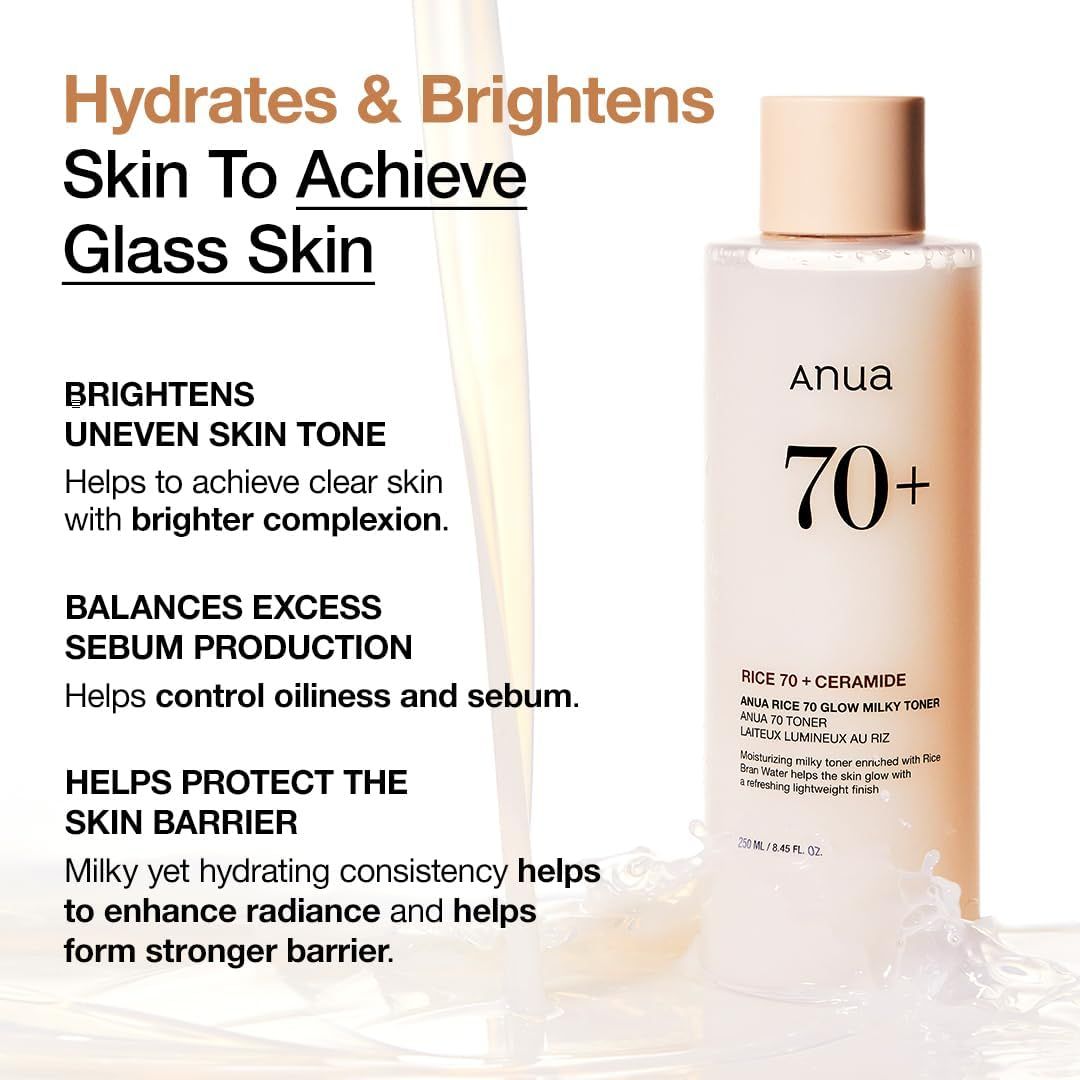 Flacon de toner Anua 70+ avec texte. Texte: Hydrates & Brightens Skin To Achieve Glass Skin. Aide à une peau claire.