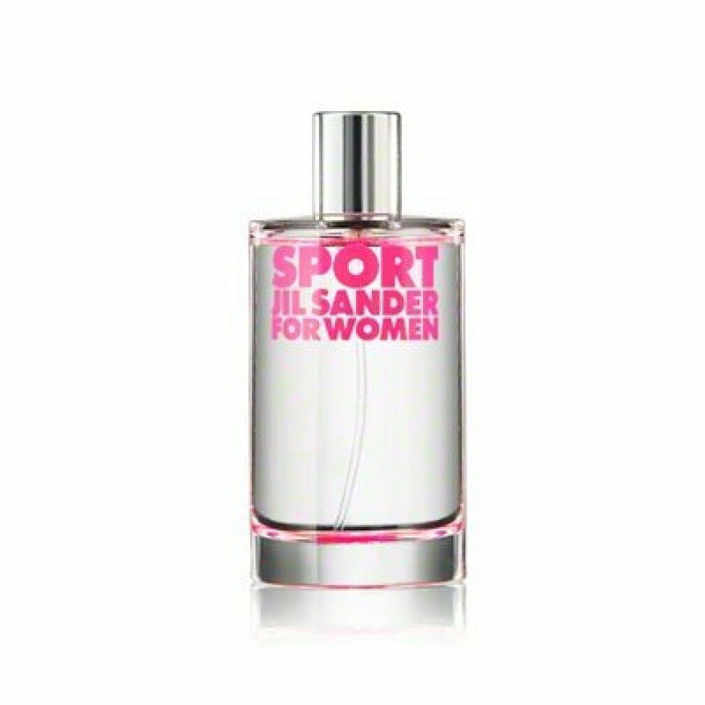 Flacon en verre avec bouchon argenté. Inscription SPORT JIL SANDER FOR WOMEN en rose. Liquide visible.