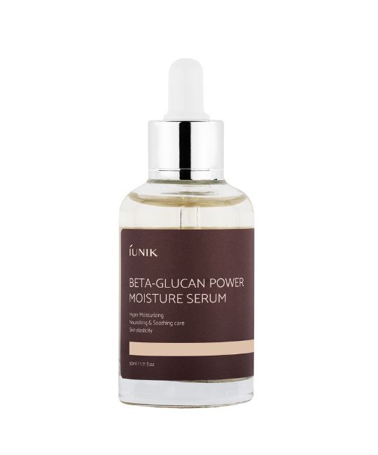 Flacon en verre transparent avec pipette. Étiquette marron avec texte blanc: iUNIK, Beta-Glucan Power Moisture Serum. 50ml.