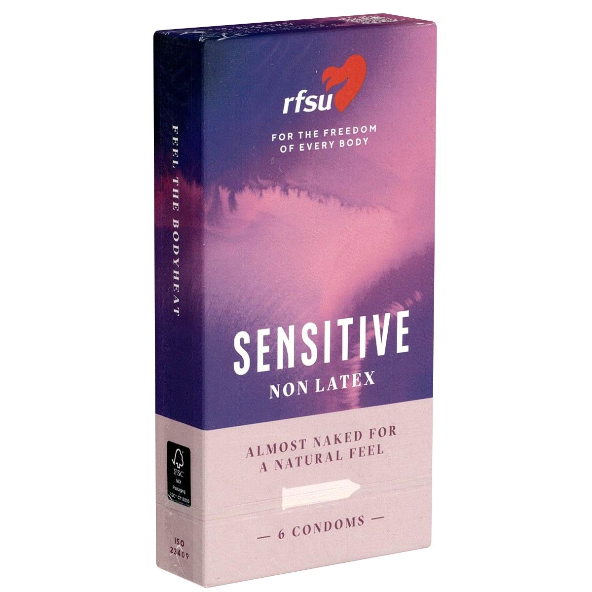 Verpakking met condooms. Opschrift: Sensitive, Non Latex, 6 condooms. Merk: RFSU.