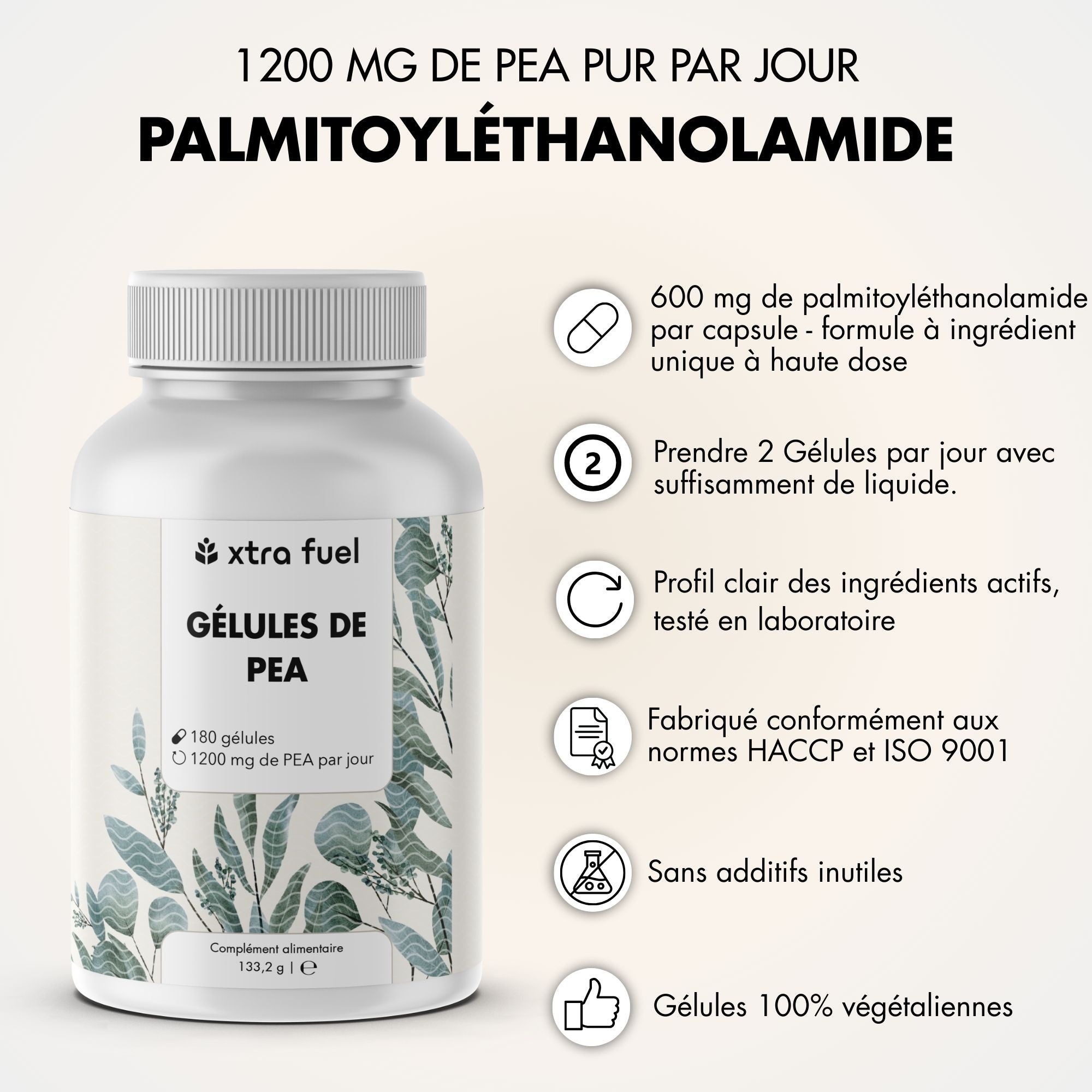 Gélules XTRA FUEL PEA: 180 gélules, 1200mg PEA par jour, formule haute dose.
