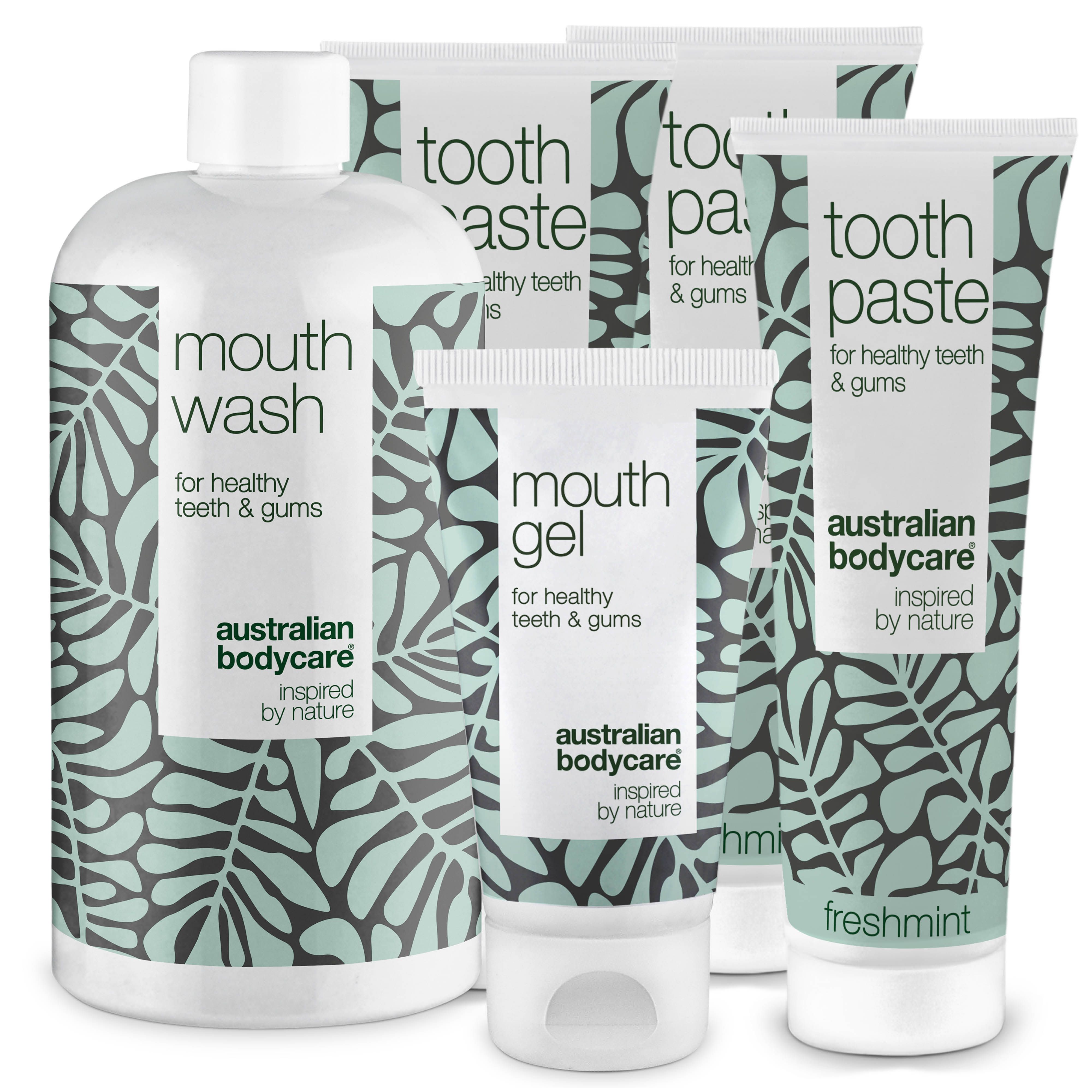 Dentifrice, bain de bouche et gel buccal. Emballage blanc avec feuilles vertes. Texte: Australian Bodycare.