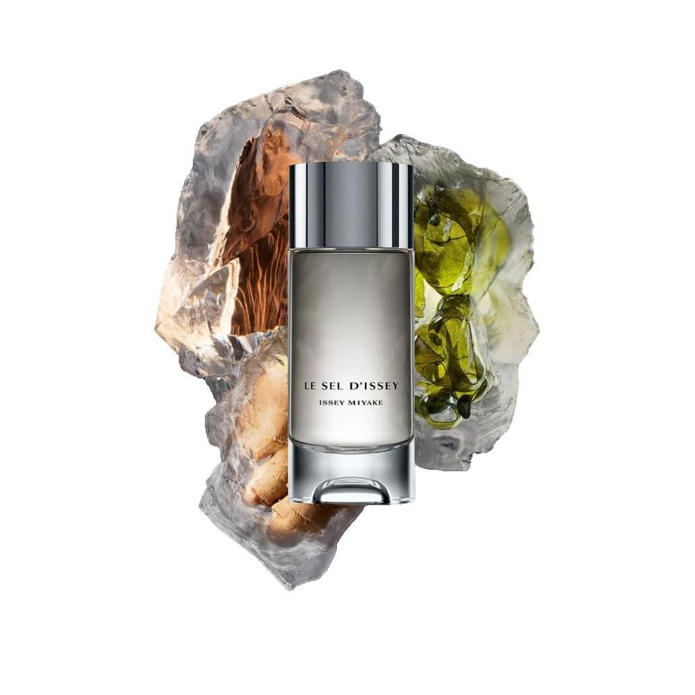 Flacon LE SEL D'ISSEY, ISSEY MIYAKE, op stenen en groene elementen. Zilveren dop, transparante basis.