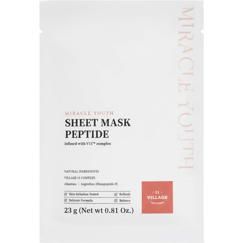 Emballage blanc avec informations produit. Texte: Miracle Youth Sheet Mask Peptide. 23g. Testé dermatologiquement.