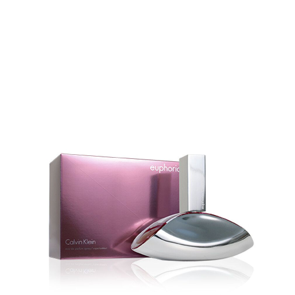 Fles en verpakking. Zilverkleurige fles, rechthoekige dop, roze verpakking. Calvin Klein en Euphoria.