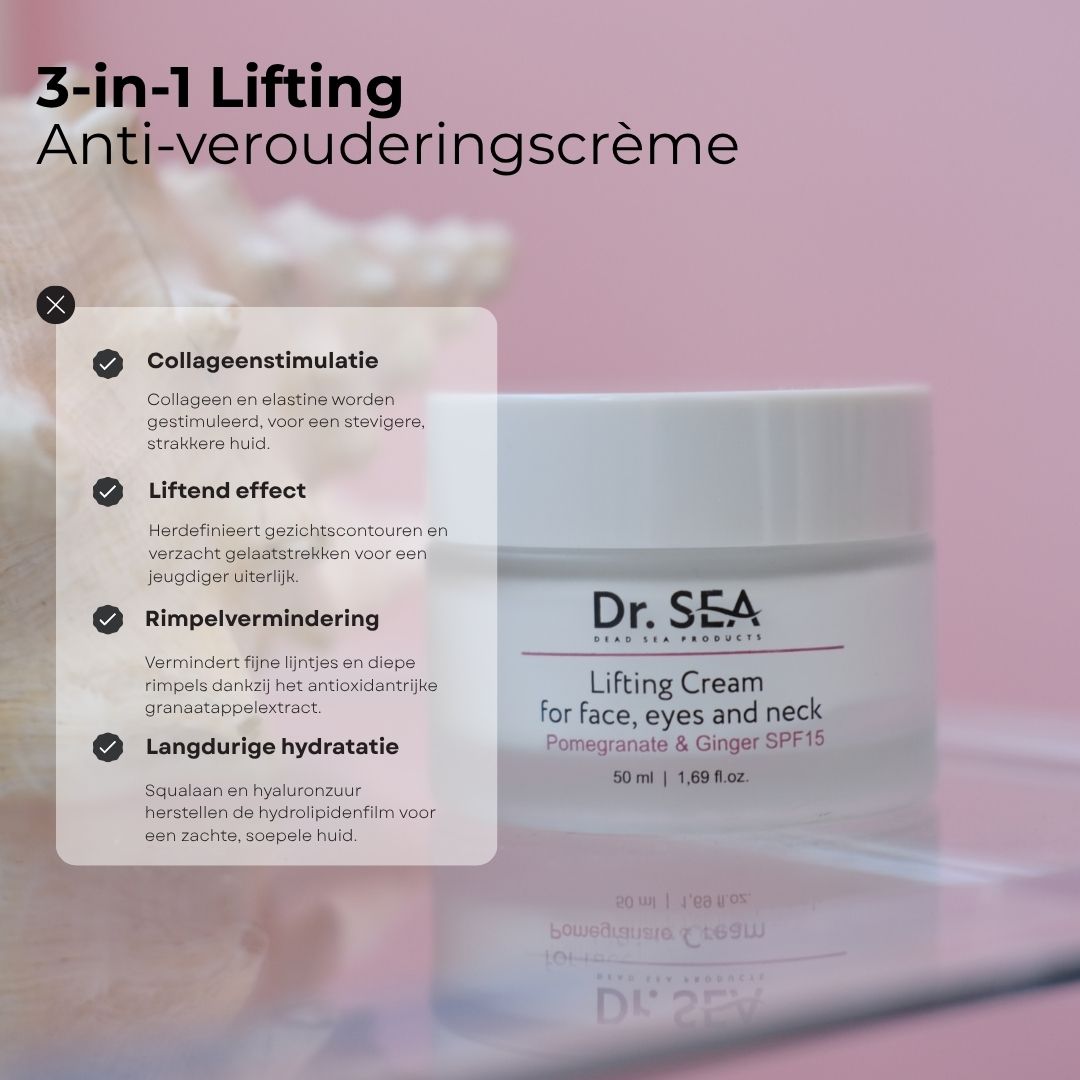 Crèmepot met tekst. Opschrift: Dr. SEA, Lifting Cream, voor gezicht, ogen en hals. Granaatappel & Gember SPF15.