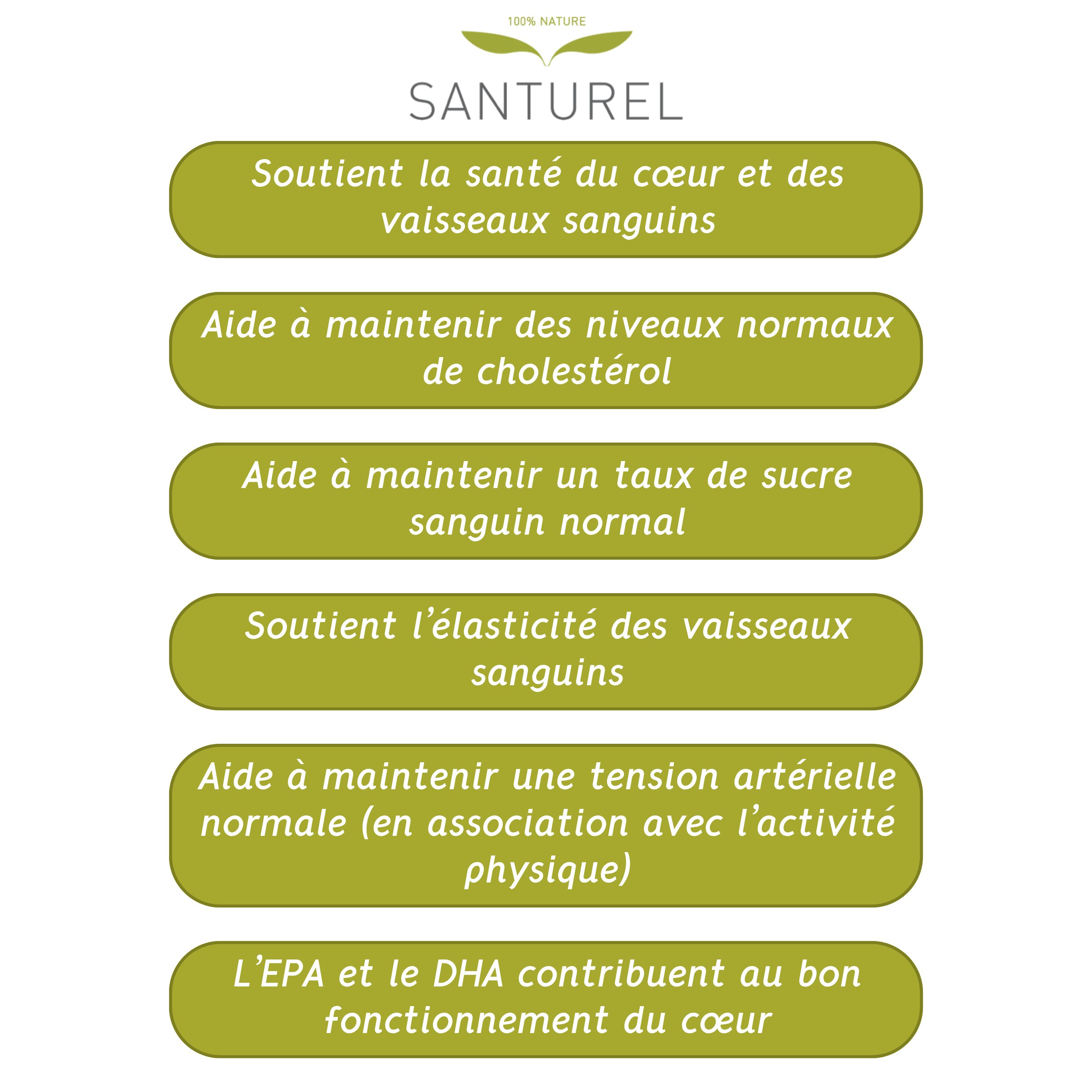 Tableau de texte avec champs verts. Soutient la santé cardiaque, cholestérol, glycémie, élasticité, pression artérielle.
