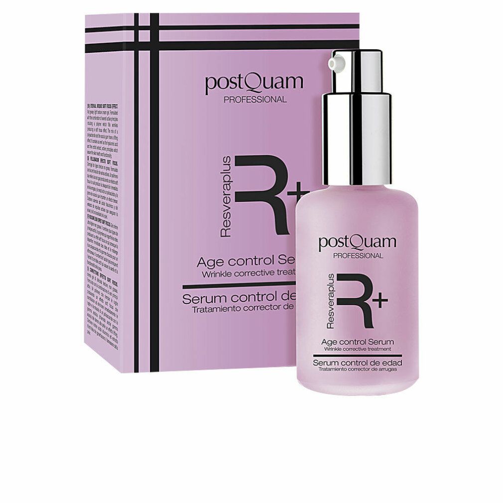 Roze fles met pomp en verpakking. Opschrift: Postquam Resveraplus Age control Serum. Rimpelcorrectie behandeling.