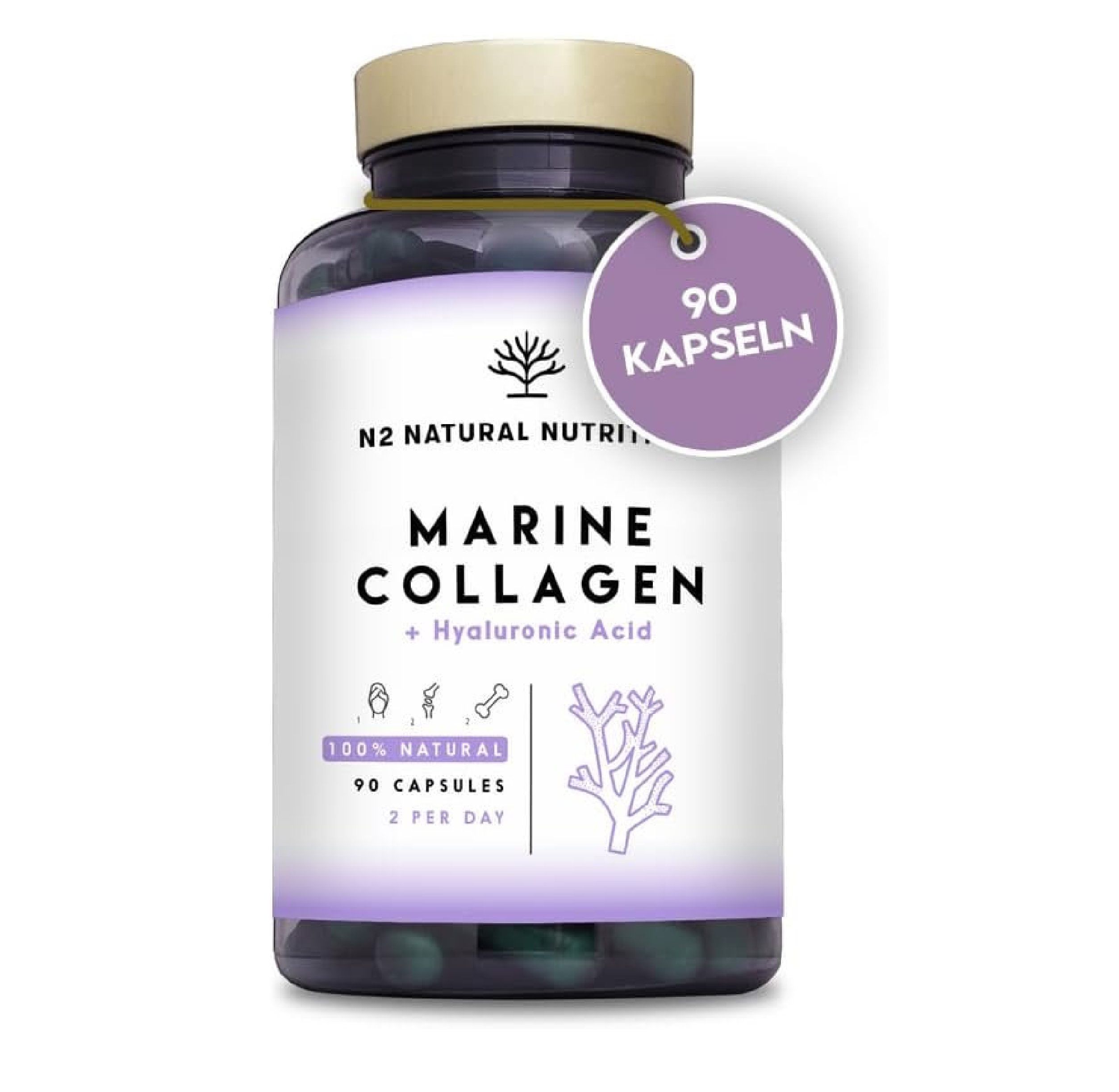 Fles met capsules. Opschrift: Marine Collagen + Hyaluronic Acid. 90 capsules.