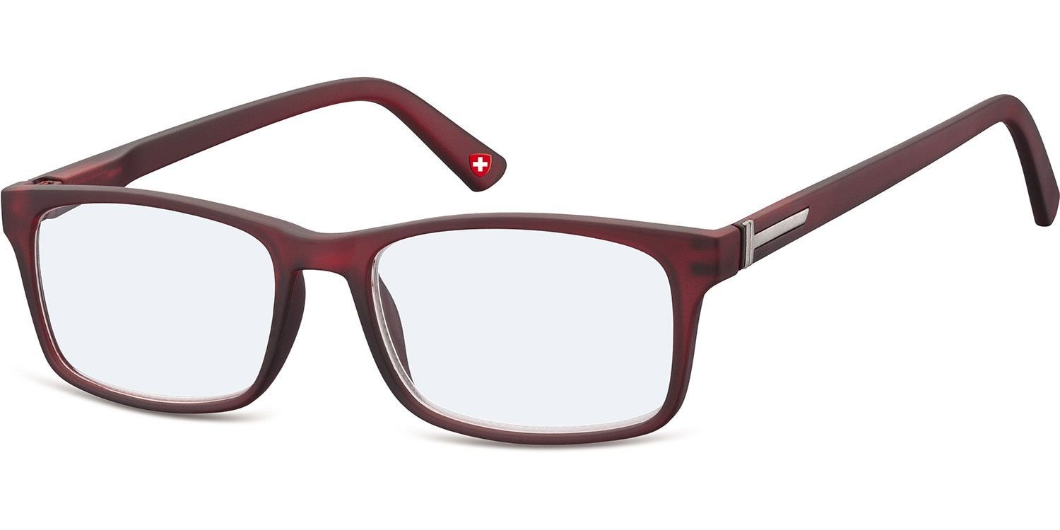Lunettes rectangulaires bordeaux. Croix suisse sur la branche. Détail argenté sur la charnière.