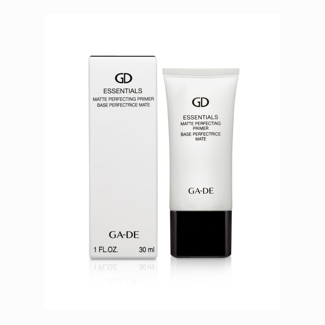Ga-De Essentials Matte Perfecting Primer. Tube en verpakking. Tekst: GD, Essentials, Base Perfectrice Mate. Merk: Ga-De. Volume: 30 ml.