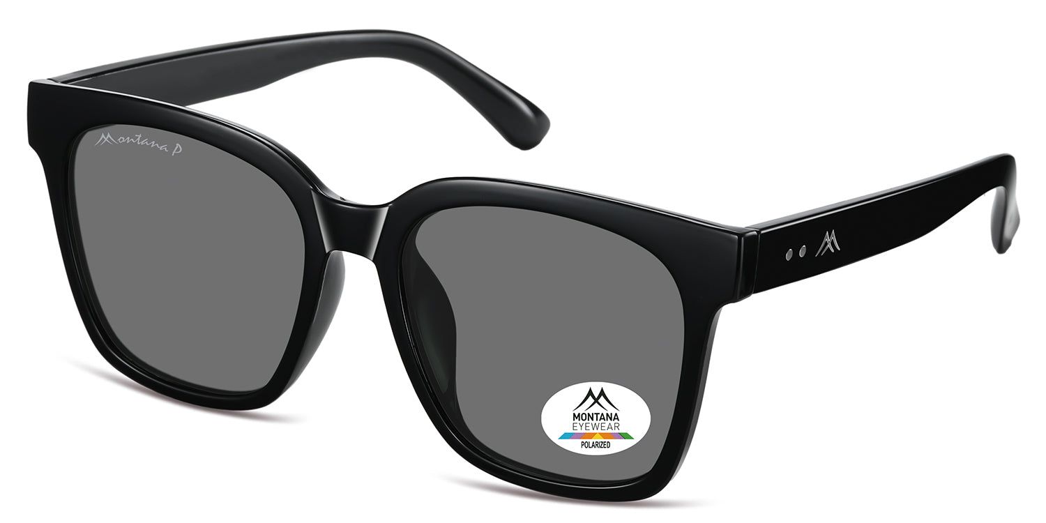 Lunettes de soleil noires, légèrement en biais. Verres gris, logo Montana Eyewear sur le verre et la branche. Forme rectangulaire.