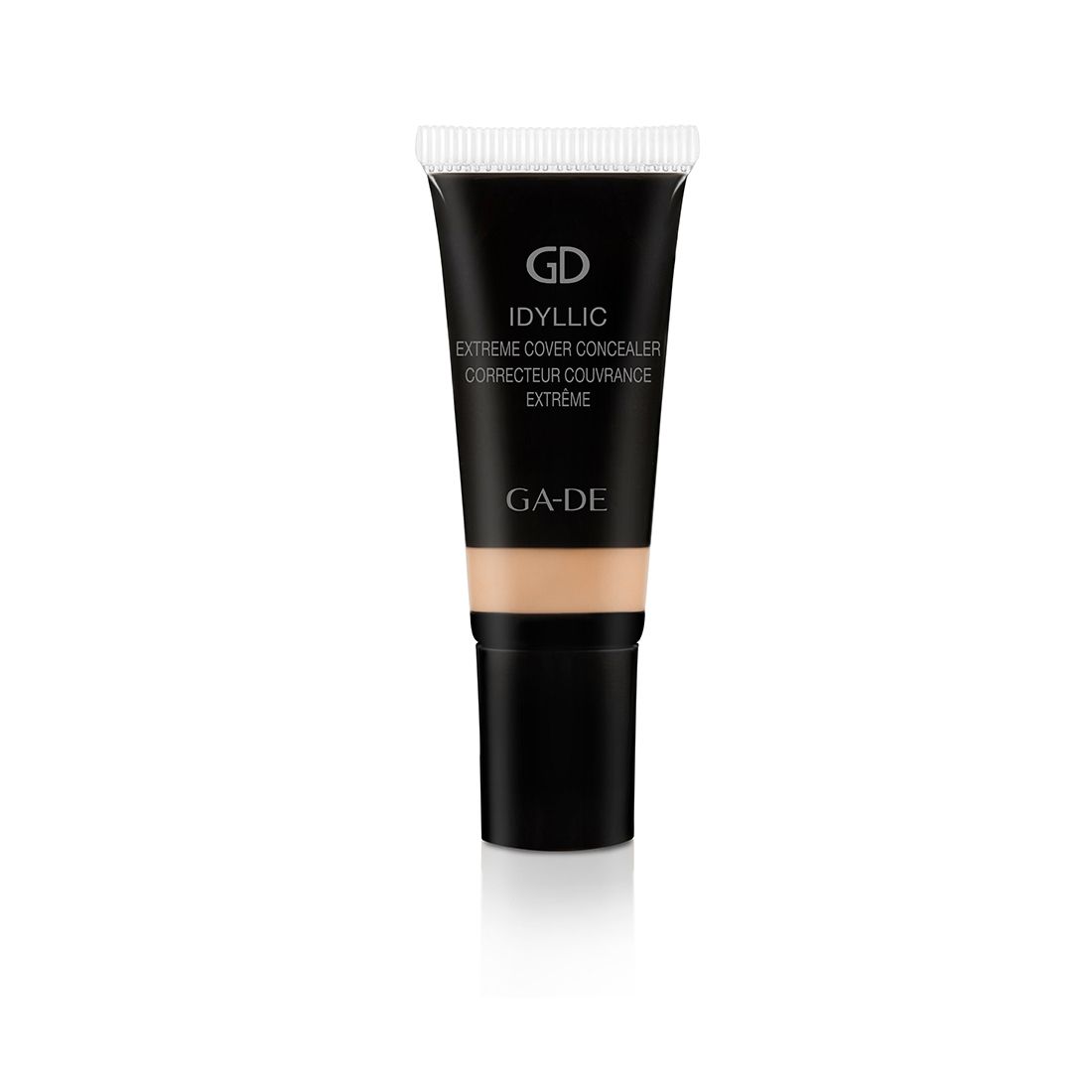 Tube noire avec bouchon blanc. Inscription: GD Idyllic Extreme Cover Concealer. Teinte visible.