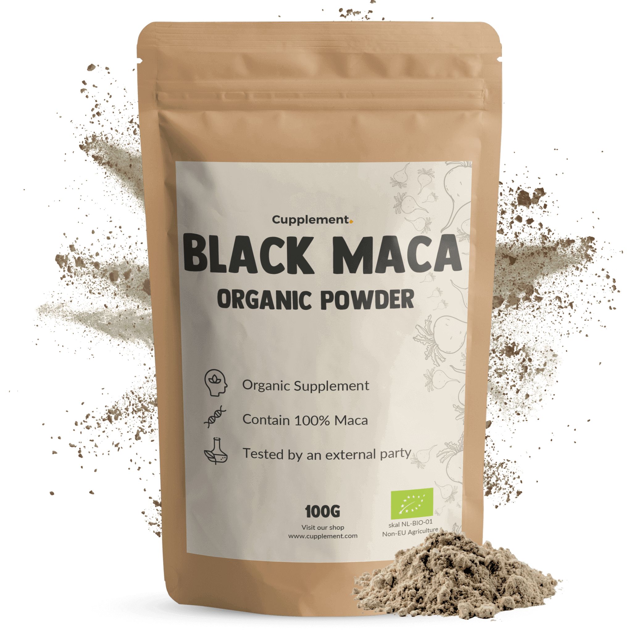 Sachet de poudre de maca noire. Inscription : Black Maca Organic Powder. 100g. Label bio.