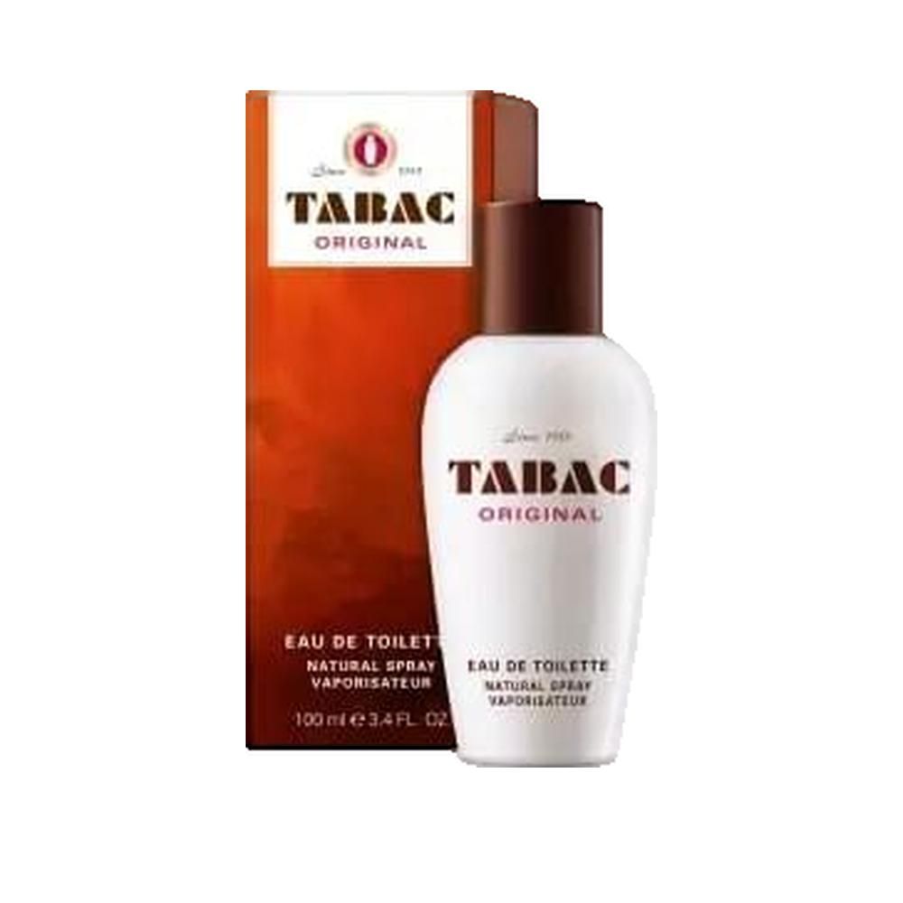Tabac Original Eau de Toilette. Witte fles met bruine dop en verpakking. Tekst: Tabac Original, Eau de Toilette.