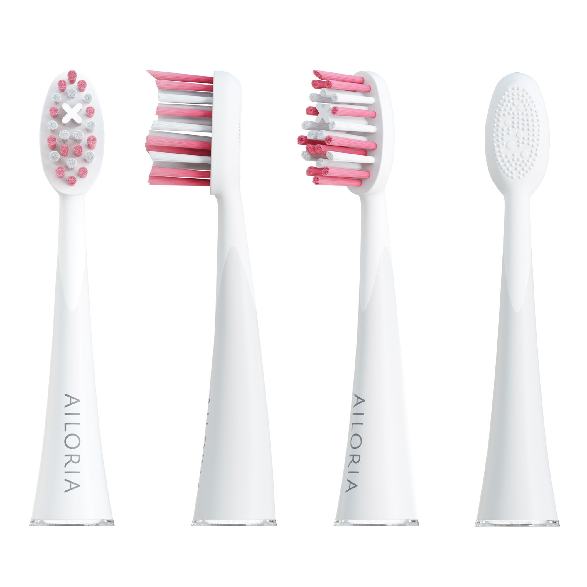 Quatre vues d'une tête de brosse à dents blanche avec poils roses. Logo AILORIA sur le manche.