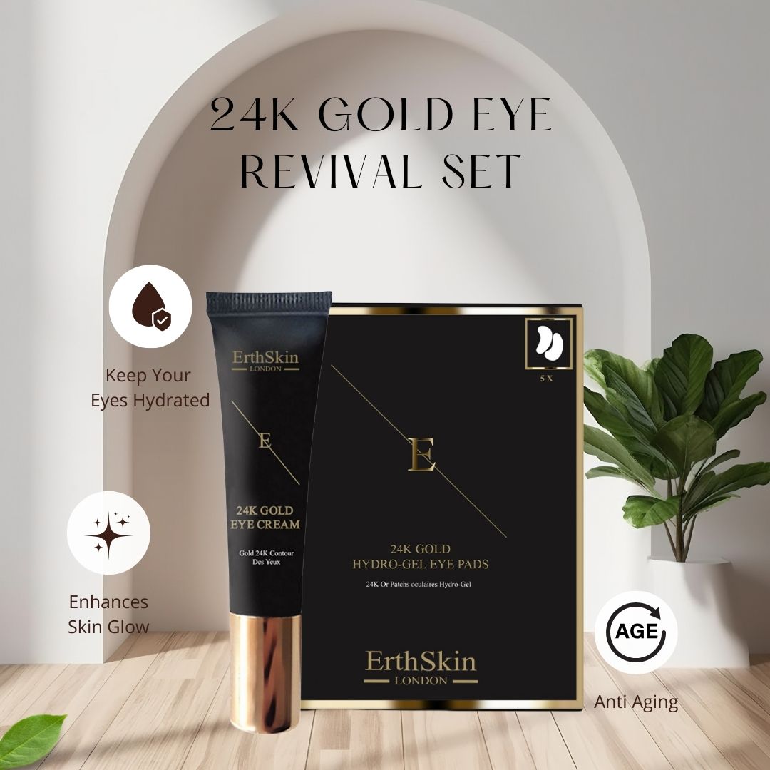 Oogcrème en oogpads set. Zwarte verpakking met gouden details. Tube en verpakking met productinformatie. Achtergrond met planten.