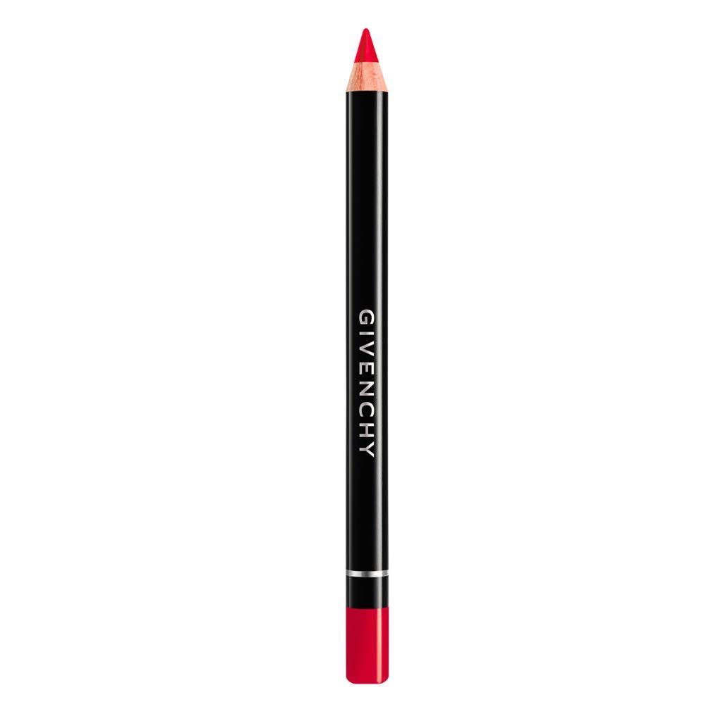 Crayon à lèvres rouge. Crayon noir avec pointe rouge et inscription Givenchy. Anneau argenté sur le crayon.
