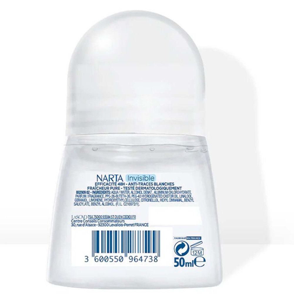 Roll-on déodorant transparent. Inscription: Narta Invisible. Contient 50ml. Code-barres et symboles de recyclage.