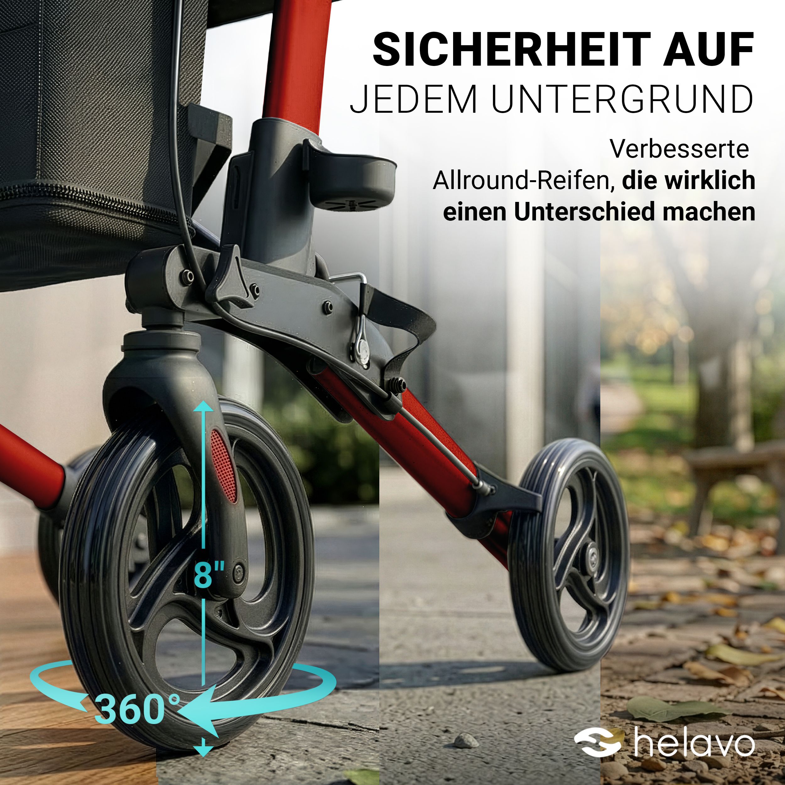 Vue détaillée des roues d'un rollator Helavo rouge. Roues de 8 pouces pivotant à 360°.