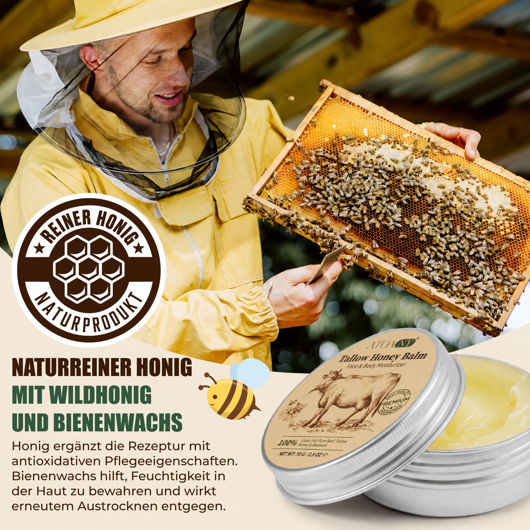 Apiculteur en tenue de protection tenant un rayon de miel avec des abeilles. À côté, une boîte ouverte de baume jaune.