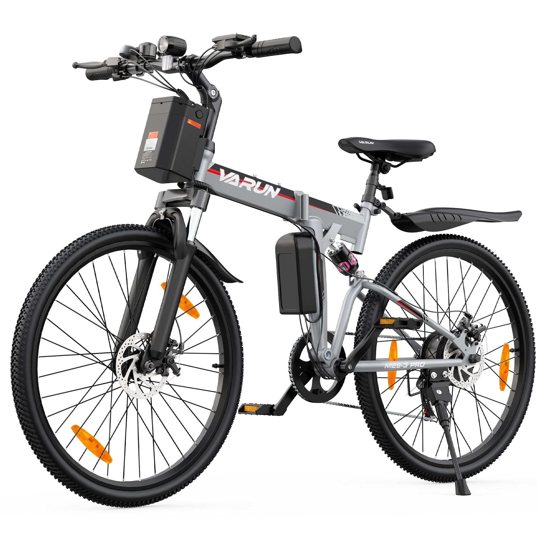 Opvouwbare e-bike, zilverkleurig, met zwart frame en banden. Accessoires: achterlicht, pomp, telefoonhouder.