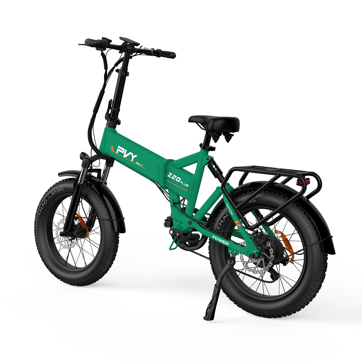 Groene PVY Z20 Plus e-bike met drievoudige vering. Zwarte banden, bagagerek en zadel. Zichtbare opschriften.