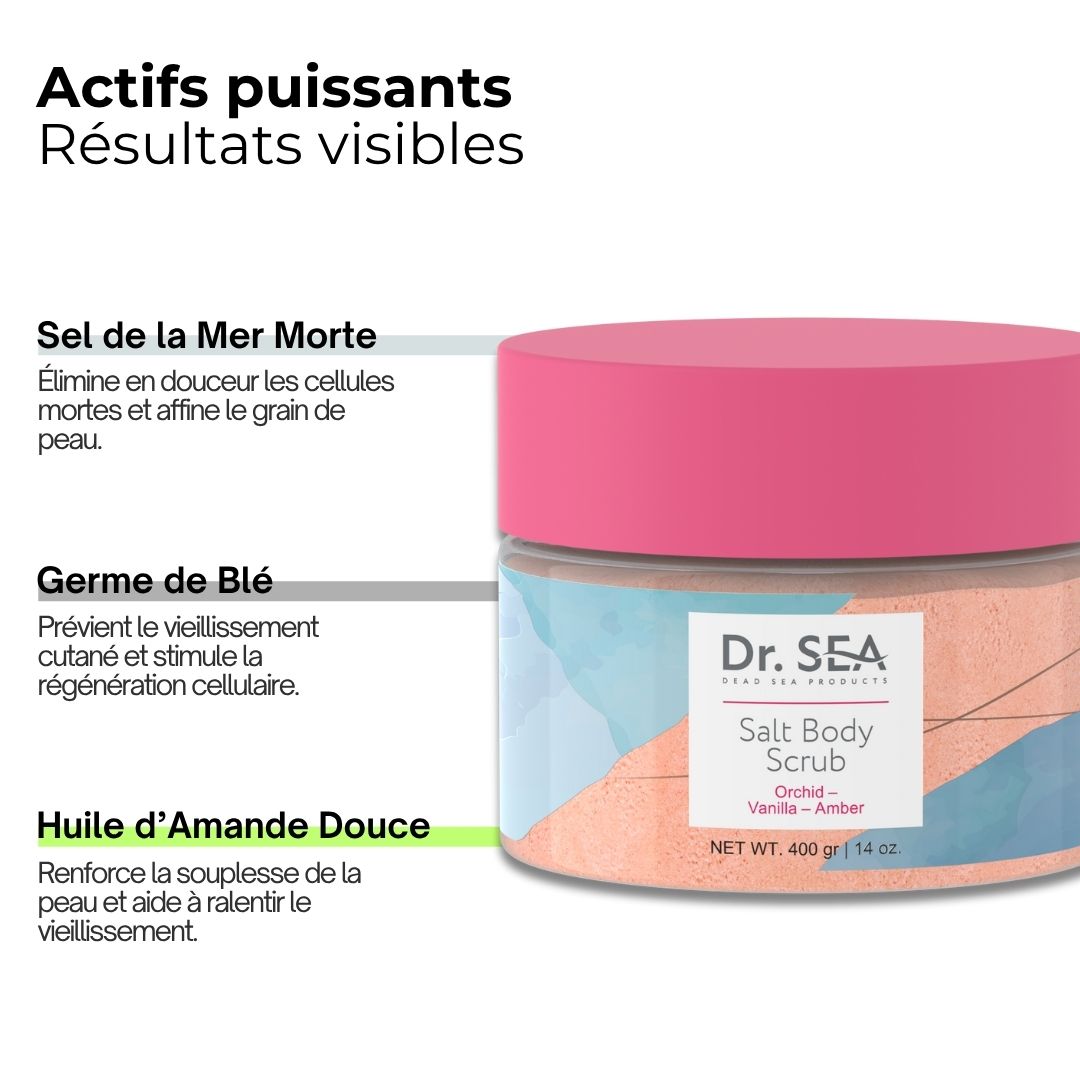 Produit : Dr. SEA Salt Body Scrub. Texte : Actifs puissants, résultats visibles. Ingrédients : Sel de la Mer Morte, Germe de blé, Huile d'amande douce.